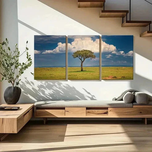 3pcs Blue Sky White Clouds Grassland & Tree Wall Art Canvas Unframed - High Quality Print 100% Australian Made Wall Canvas - Bella Home Decor