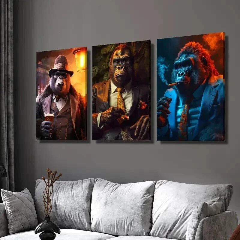 3pcs Gorilla in Modern Classic Suits Wall Art Set Canvas Framed 50x70cm - High Quality Print 100% Australian Made Wall Canvas Ready to Hang