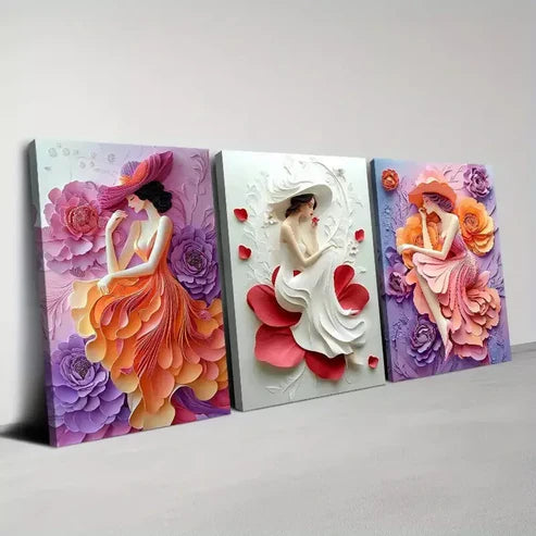 3pcs Charming Fashionable Woman with Flowers Wall Art Canvas Unframed - High Quality Print 100% Australian Made Wall Canvas