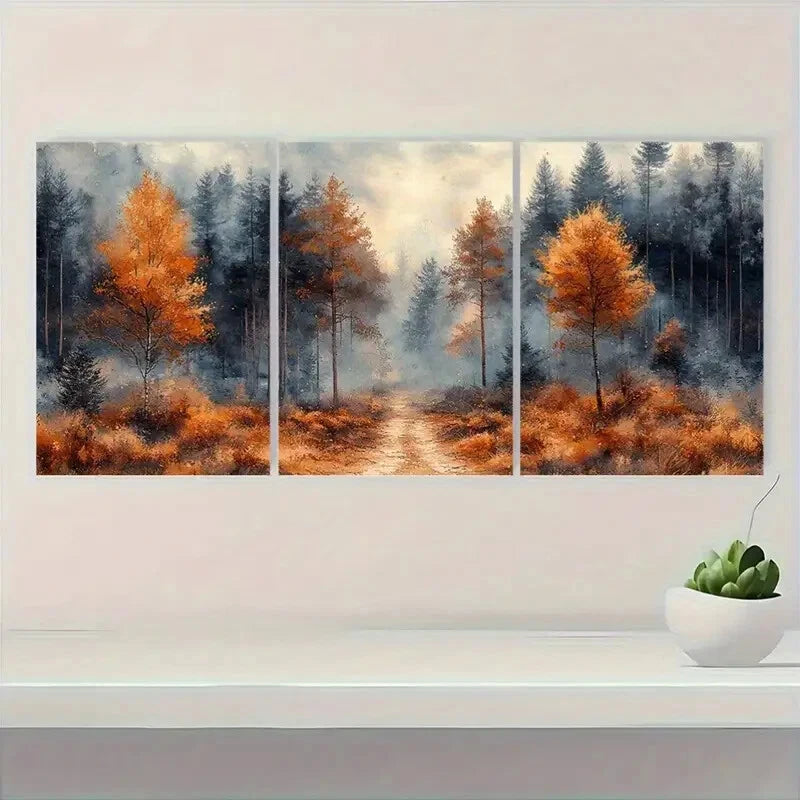 3pcs Woodland Watercolor with Elegant Brown Trees Metal Print Ready to Hang Art - Bella Home Decor