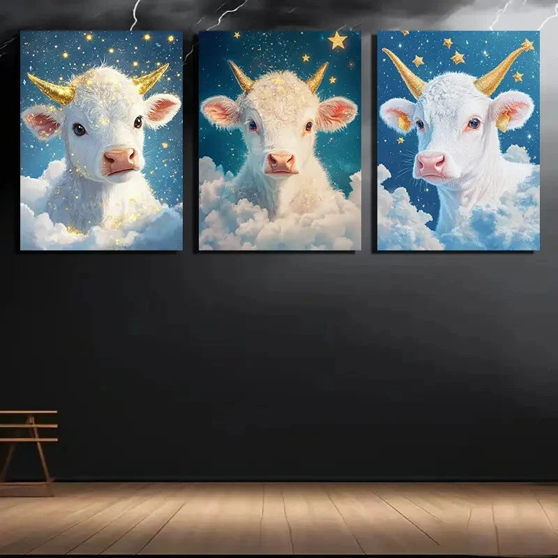 3pcs Starry Night Animal Trio Cow Metal Print Ready to Hang Art - Bella Home Decor