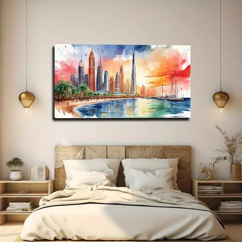 Vibrant Watercolor Bay Wall Art Canvas Office Home Room Framed 120x60cm