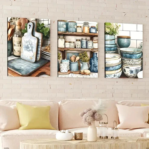 3pcs Modern American Art Deco Style Blue White Wall Art Set Canvas Unframed - High Quality Print 100% Australian Made Wall Canvas