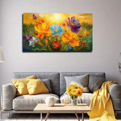 Vibrant Wildflower Sunset Wall Art Canvas Office Home Room Framed 120x60cm