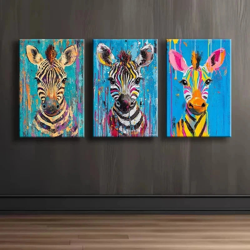 3pcs A vibrant zebra Wall Art Set Canvas Framed 60x90cm - High Quality Print 100% Australian Made Wall Canvas Ready to Hang - Bella Home Decor