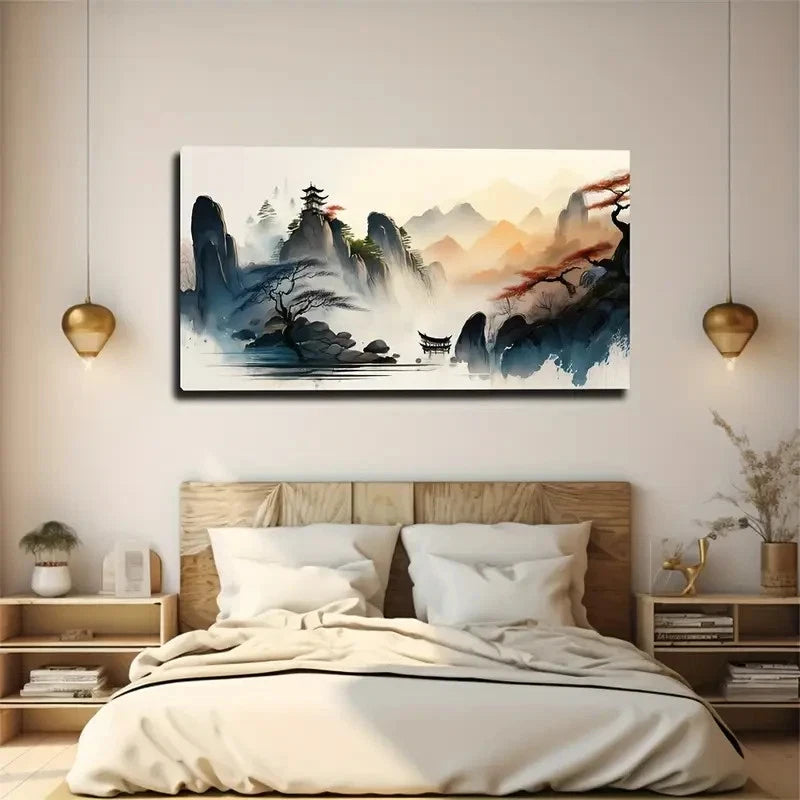 Serene Mountain & Lake Scene Wall Art Canvas Office Home Room Framed 120x60cm.