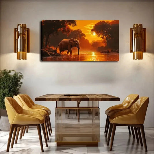 Elephant Sunset Minimalist Wall Art Canvas Office Home Room Framed 120x60cm