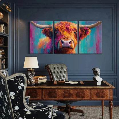 3pcs Vibrant Highland Cow Art Colorful Abstract Metal Print Ready to Hang Art - Bella Home Decor