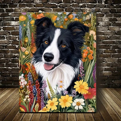 Charming Border Collie with Vibrant Flowers 40x60cm Metal Print Ready to Hang
