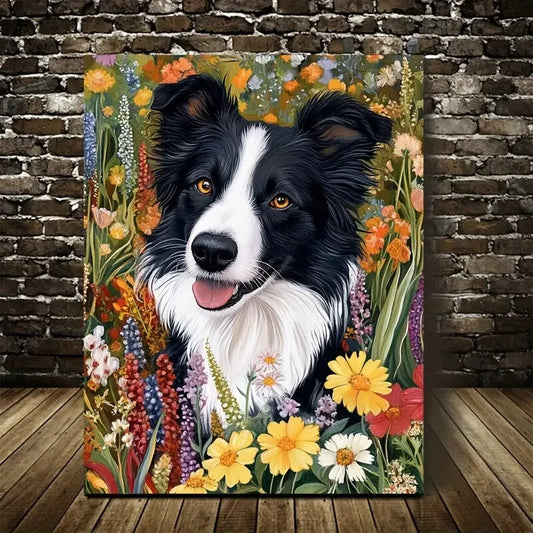 Charming Border Collie with Vibrant Flowers 40x60cm Metal Print Ready to Hang