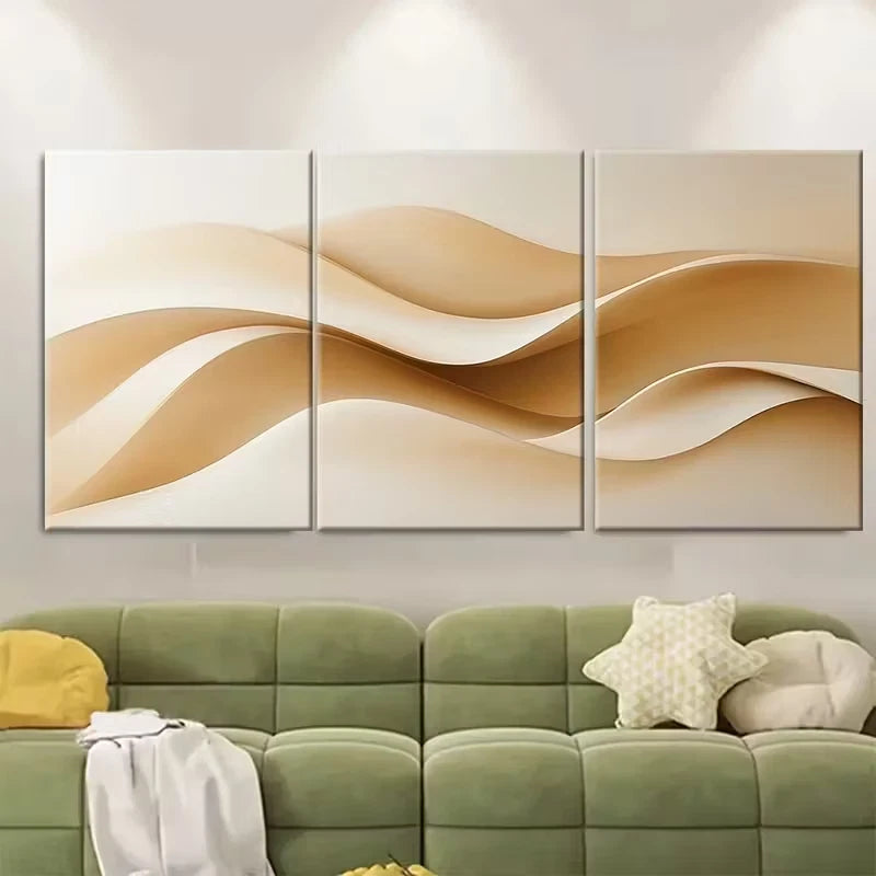 3pcs Abstract Beige Curves Metal Print Ready to Hang Art - Bella Home Decor
