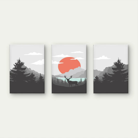 3pcs Deer and Red Sunrise Forest Landscape Wall Art Set Canvas Framed 60x90cm - High Quality Print 100% Australian Made Wall Canvas Ready to Hang