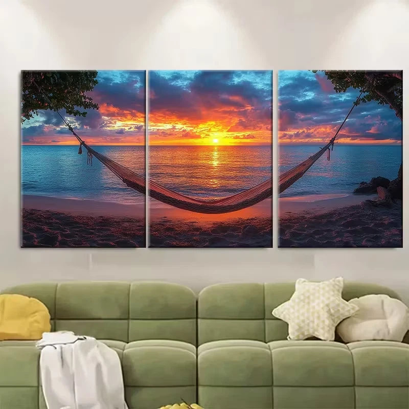 3pcs Beach Sunset Hammock Metal Print Ready to Hang Art - Bella Home Decor