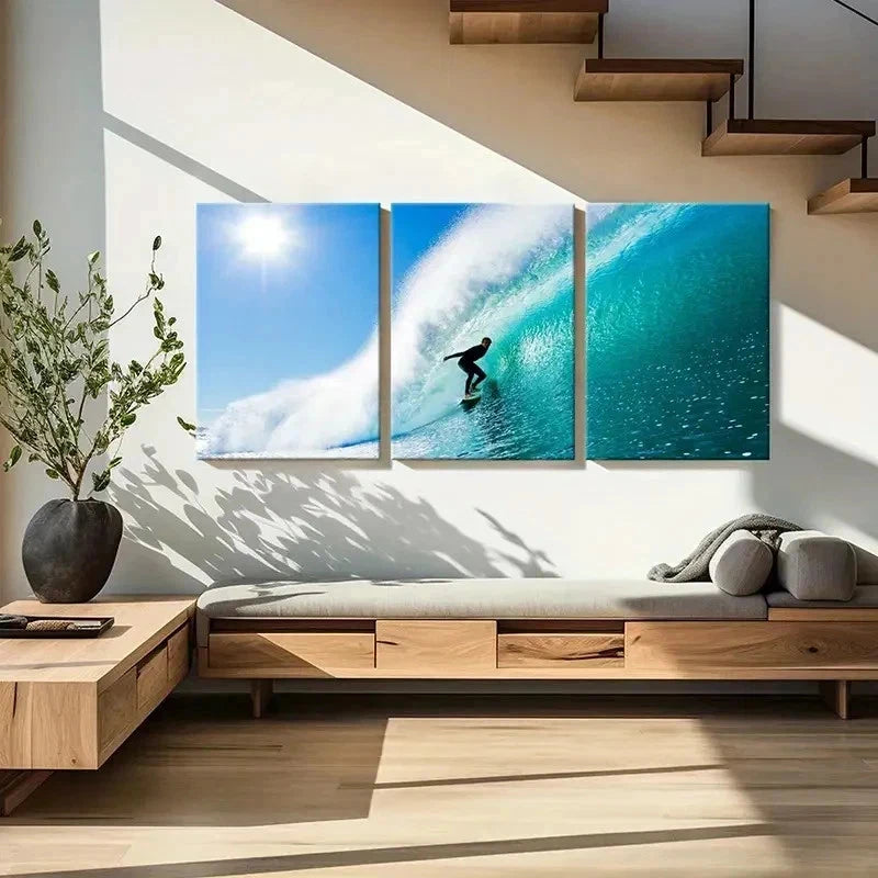 3pcs Man Surfing In the Sea Sport Modern Wall Art Set Canvas Framed 50x70cm - High Quality Print 100% Australian Made Wall Canvas Ready to Hang