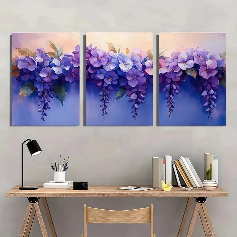 3pcs Elegant Purple Wisteria Floral Art Prints Metal Print Ready to Hang Art - Bella Home Decor