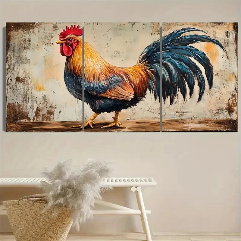 3pcs Vibrant Retro Chicken Farmhouse Illustration Metal Print Ready to Hang Art - Bella Home Decor