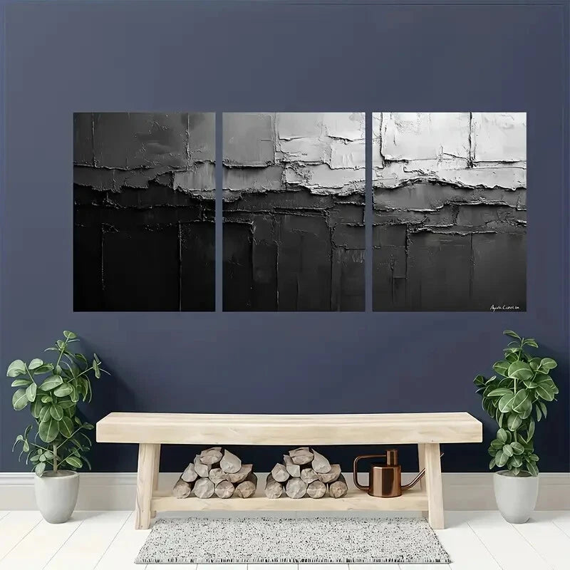 3pcs Black and White Abstract Texture Metal Print Ready to Hang Art - Bella Home Decor