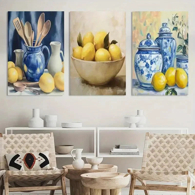 3pcs Painting Kitchen Yellow Lemon Metal Print Ready to Hang Art - Bella Home Decor