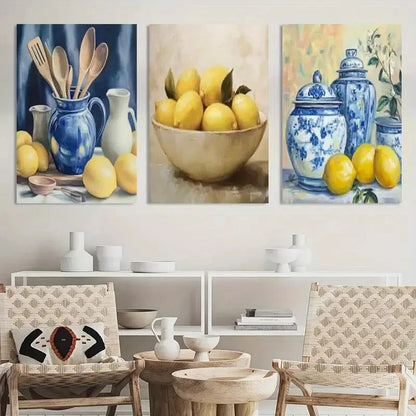 3pcs Painting Kitchen Yellow Lemon Metal Print Ready to Hang Art - Bella Home Decor