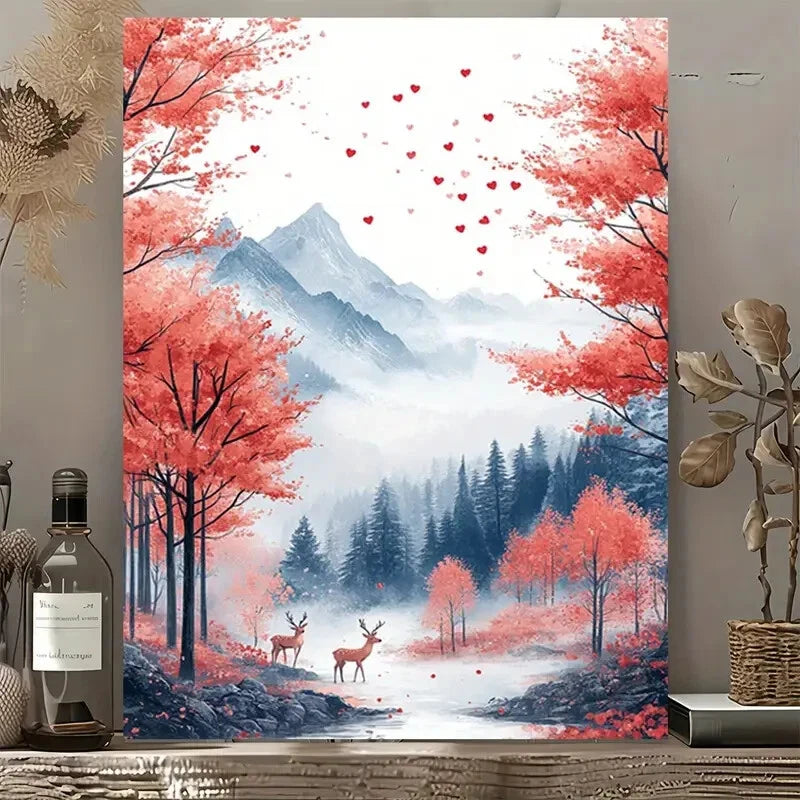 Beautiful Romantic Red Maple Forest Painting 40x60cm Metal Print Ready to Hang - Bella Home Decor