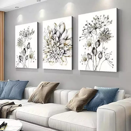 3pcs Boho Chic Dandelion & Dahlia Flower Wall Art Set Canvas Framed 50x70cm - High Quality Print 100% Australian Made Wall Canvas Ready to Hang