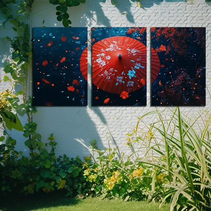 3pcs Red Flower Paper Umbrella Metal Print Ready to Hang Art - Bella Home Decor