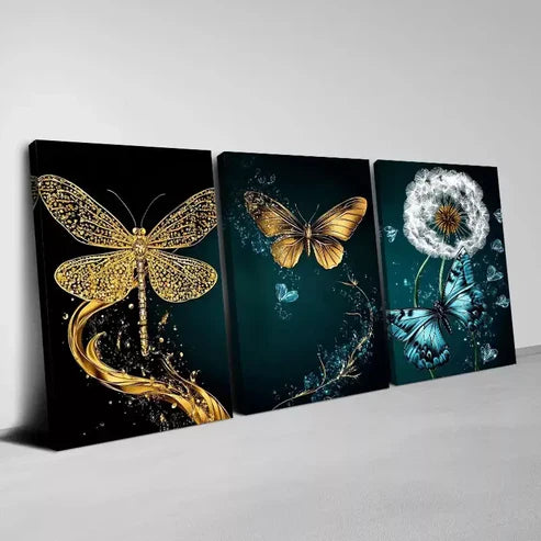 3pcs Enchanting Abstract Golden Butterfly Dandelion Canvas Unframed - High Quality Print 100% Australian Made Wall Canvas
