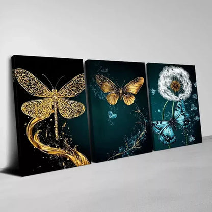 3pcs Enchanting Abstract Golden Butterfly Dandelion Canvas Unframed - High Quality Print 100% Australian Made Wall Canvas