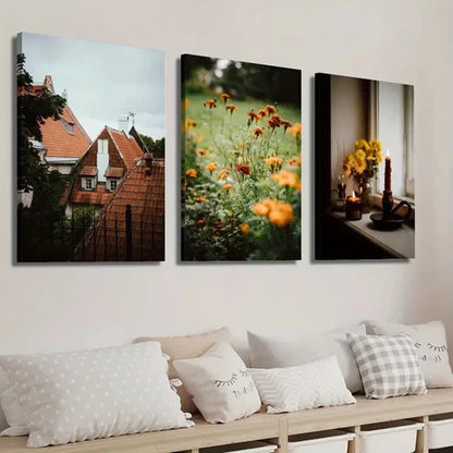 3pcs Autumn Rooftop Cottage Plant And Flower Wall Art Set Canvas Unframed - High Quality Print 100% Australian Made Wall Canvas - Bella Home Decor