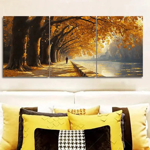 3pcs Golden autumn trees along the river Wall Art Set Canvas Unframed - High Quality Print 100% Australian Made Wall Canvas - Bella Home Decor