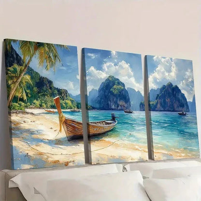 3pcs Tropical Beach Art Island Watercolor  Wall Art Set Canvas Unframed - High Quality Print 100% Australian Made Wall Canvas - Bella Home Decor