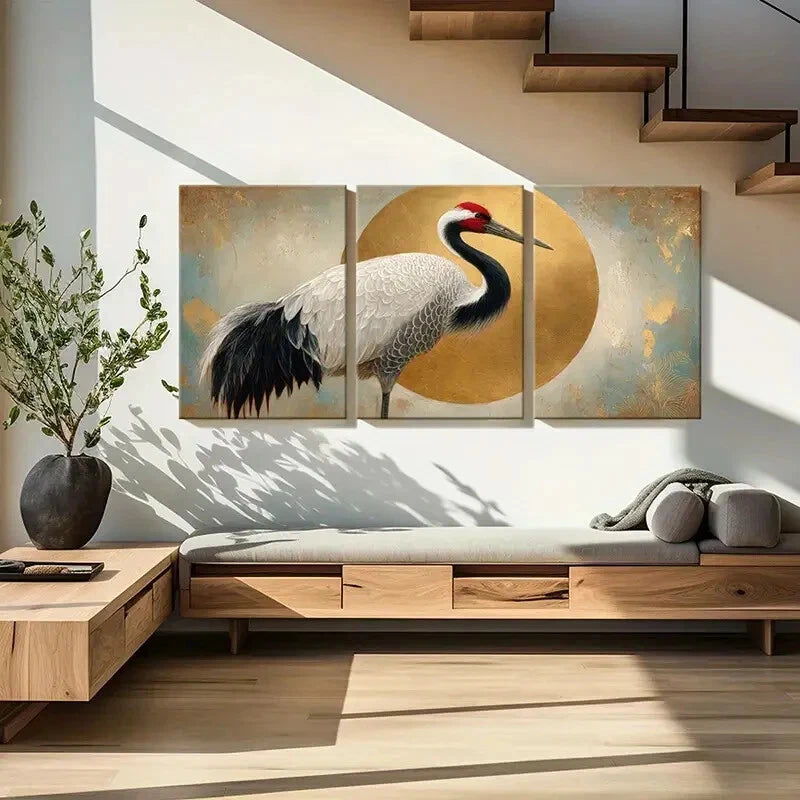 3pcs Elegant Crane Art Golden Circle Design Metal Print Ready to Hang Art - Bella Home Decor
