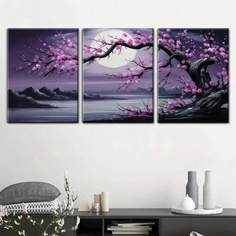 3pcs Moonlit Trees And Plum Blossoms Perfect Wall Art Set Canvas Framed 60x90cm - High Quality Print 100% Australian Made Wall Canvas Ready to Hang - Bella Home Decor
