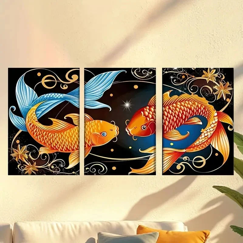 3pcs two Golden fish in black background Wall Art Set Canvas Framed 60x90cm - High Quality Print 100% Australian Made Wall Canvas Ready to Hang - Bella Home Decor