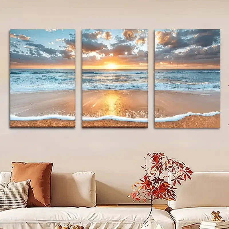 3pcs Beach Sunset Serene Ocean Waves Metal Print Ready to Hang Art - Bella Home Decor