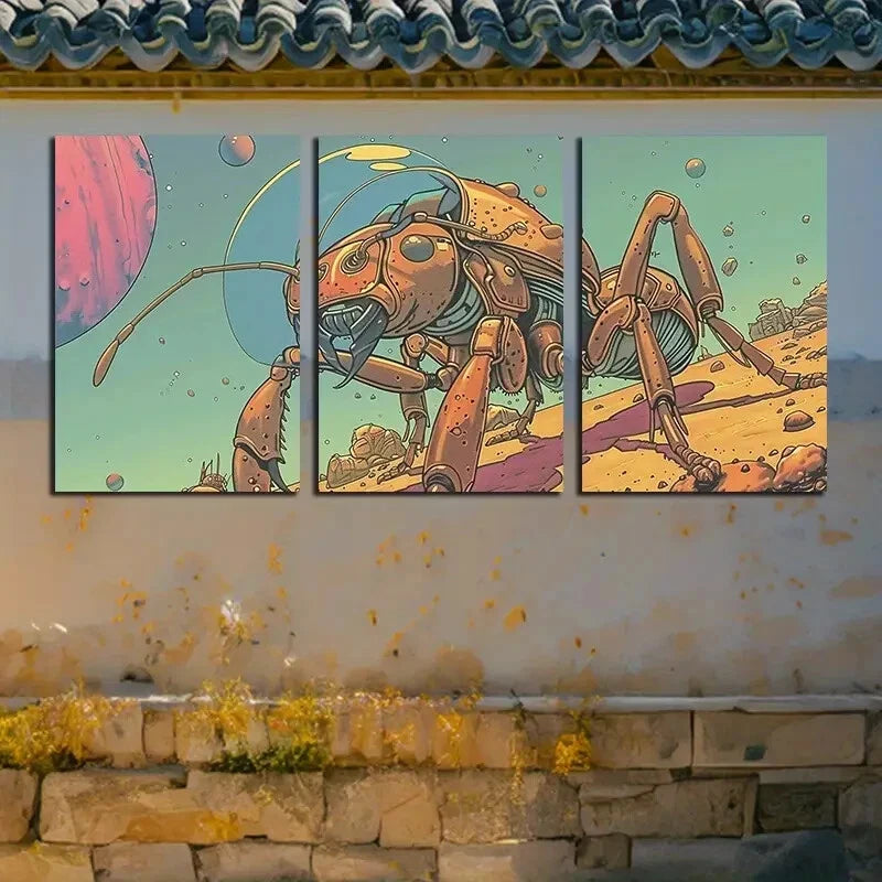 3pcs Ant-Inspired Robotic Illustration Metal Print Ready to Hang Art - Bella Home Decor