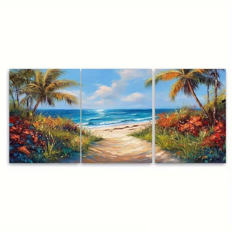3pcs Tropical Beach Path Painting Wall Art Set Canvas Framed 40x60cm - High Quality Print 100% Australian Made Wall Canvas Ready to Hang