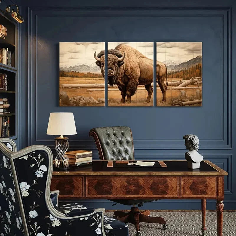 3pcs Bison Landscape Art Mountain Wildlife Scene Metal Print Ready to Hang Art - Bella Home Decor