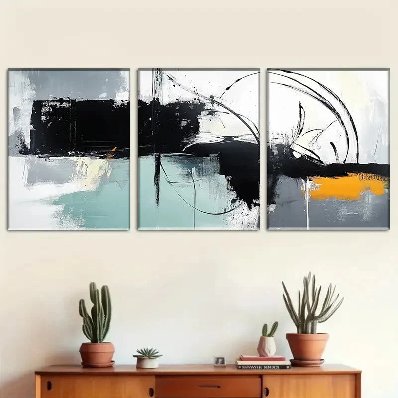 3pcs Abstract Black White Teal and Orange Metal Print Ready to Hang Art - Bella Home Decor