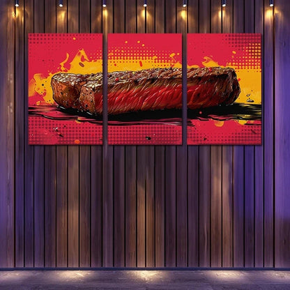3pcs Graphic Illustration of a Grilled Steak Metal Print Ready to Hang Art