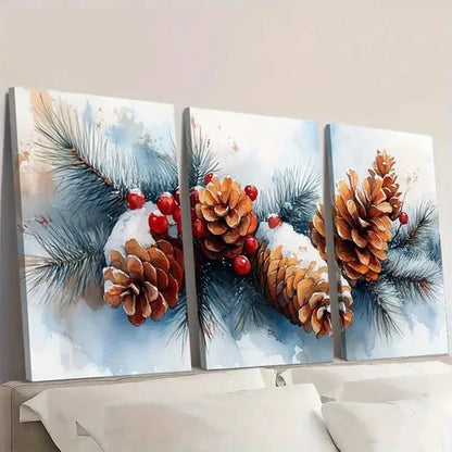 3pcs Snowy Pine Cones & Berries Decorations Wall Art Canvas Unframed - High Quality Print 100% Australian Made Wall Canvas
