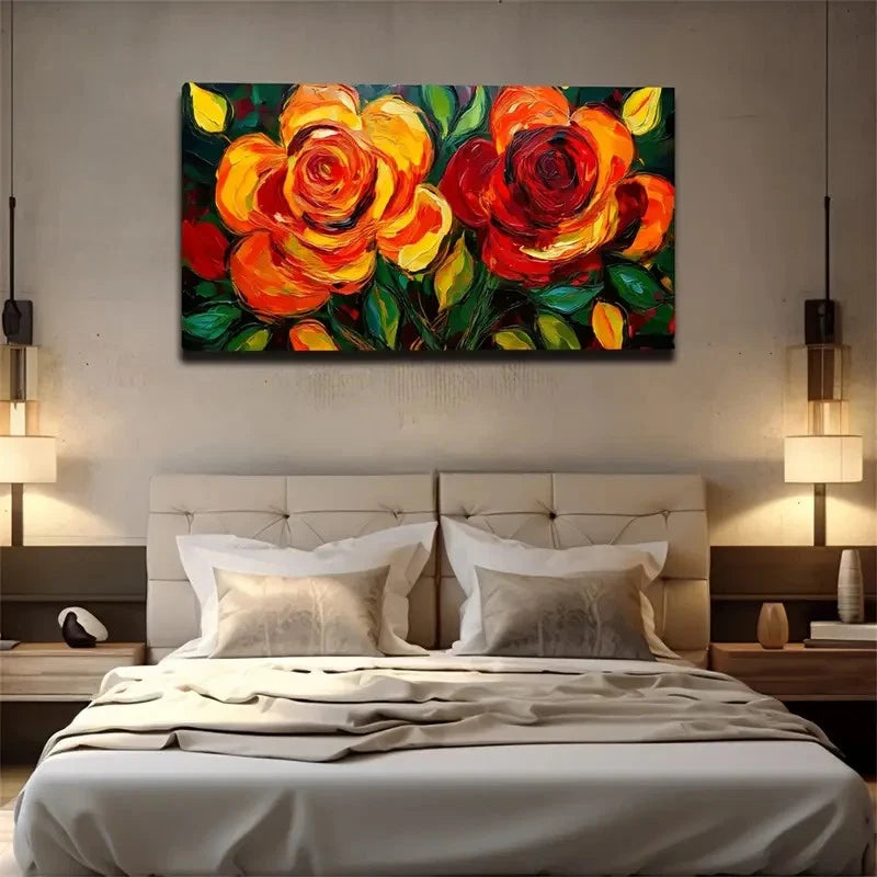 Vibrant Red Floral Wall Art Canvas Office Home Room Framed 120x60cm