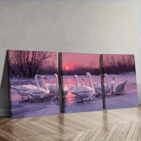 3pcs A flock of swans in a lake Wall Art Set Canvas Unframed - High Quality Print 100% Australian Made Wall Canvas