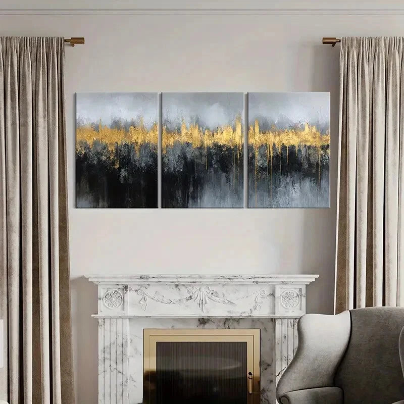 3pcs Abstract Cityscape Art Golden Brushstrokes Metal Print Ready to Hang Art - Bella Home Decor