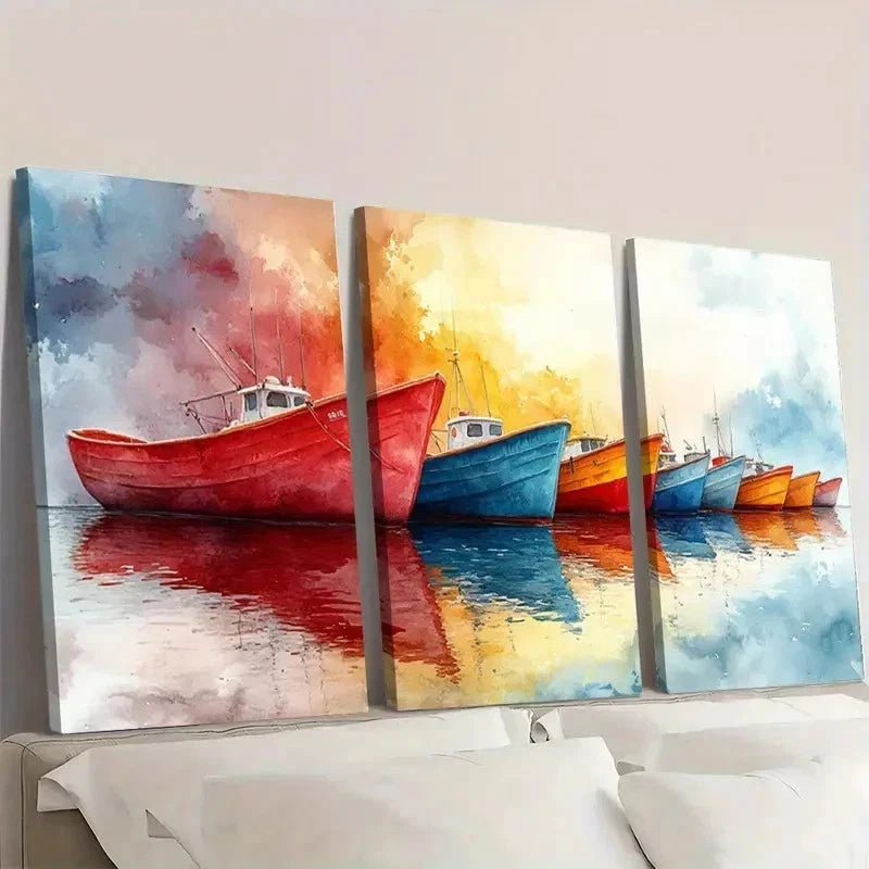 3pcs Sailboats Watercolor Fishing Boats U   Wall Art Set Canvas Framed 50x70cm - High Quality Print 100% Australian Made Wall Canvas Ready to Hang