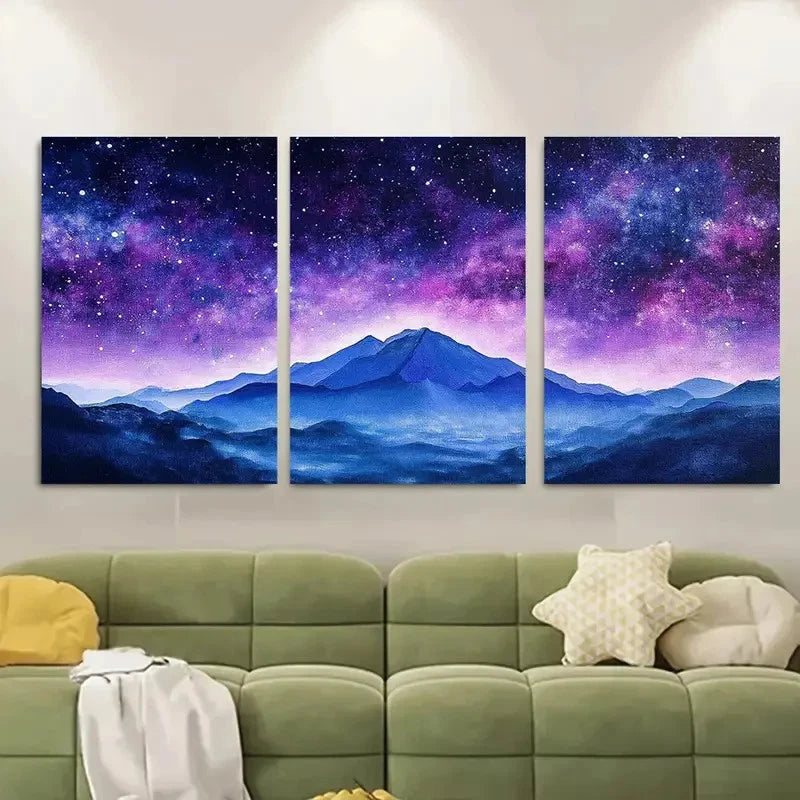 3pcs Night Sky Over Mountain Range Metal Print Ready to Hang Art