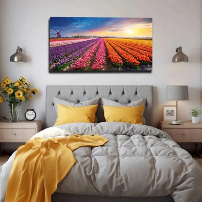 Vibrant Tulip Fields Wall Art Canvas Office Home Room Framed 120x60cm