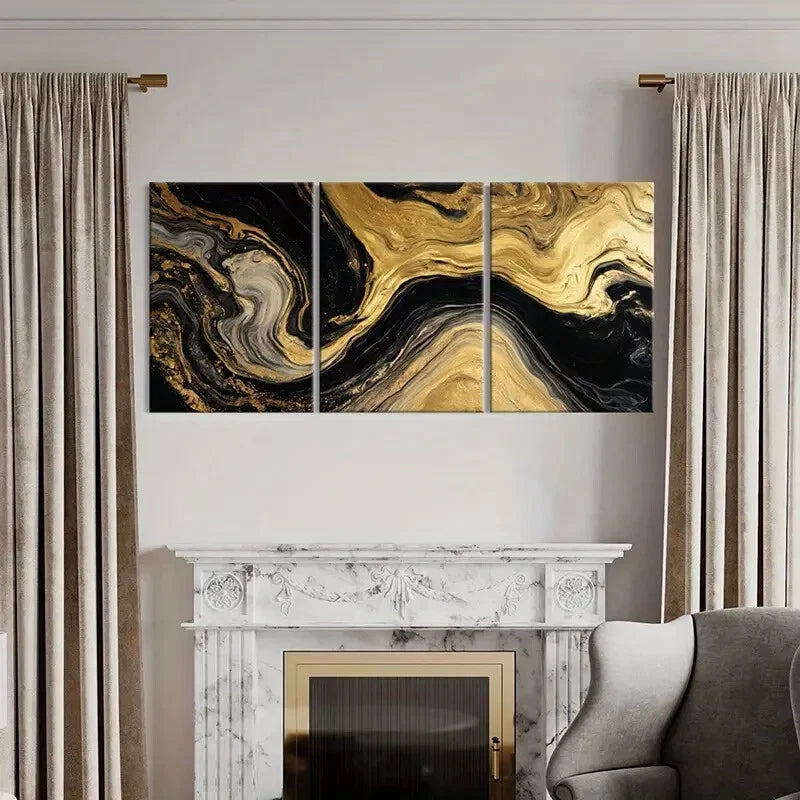 3pcs Abstract Art Golden Black Waves Poster Metal Print Ready to Hang Art - Bella Home Decor