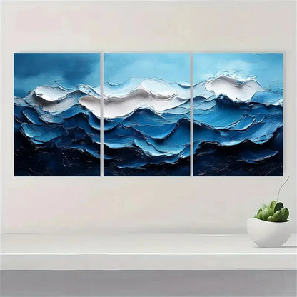 3pcs Abstract Blue Seascape Oil Paintings Metal Print Ready to Hang Art - Bella Home Decor