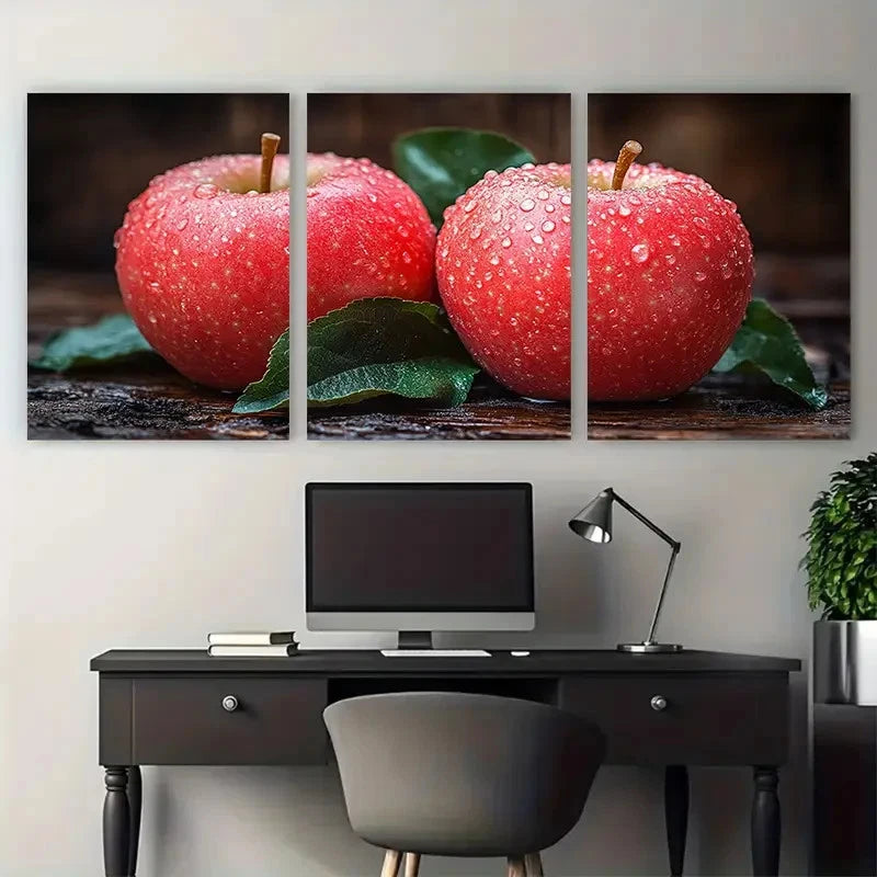 3pcs Red Apple with Leaves Illustration Metal Print Ready to Hang Art - Bella Home Decor